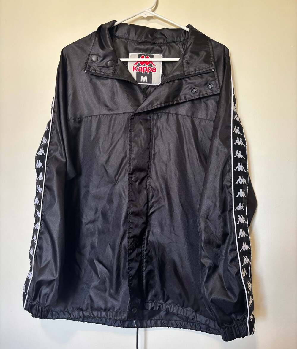Vintage Kappa Black Hooded Windbreaker Jacket with Side Tape Detail